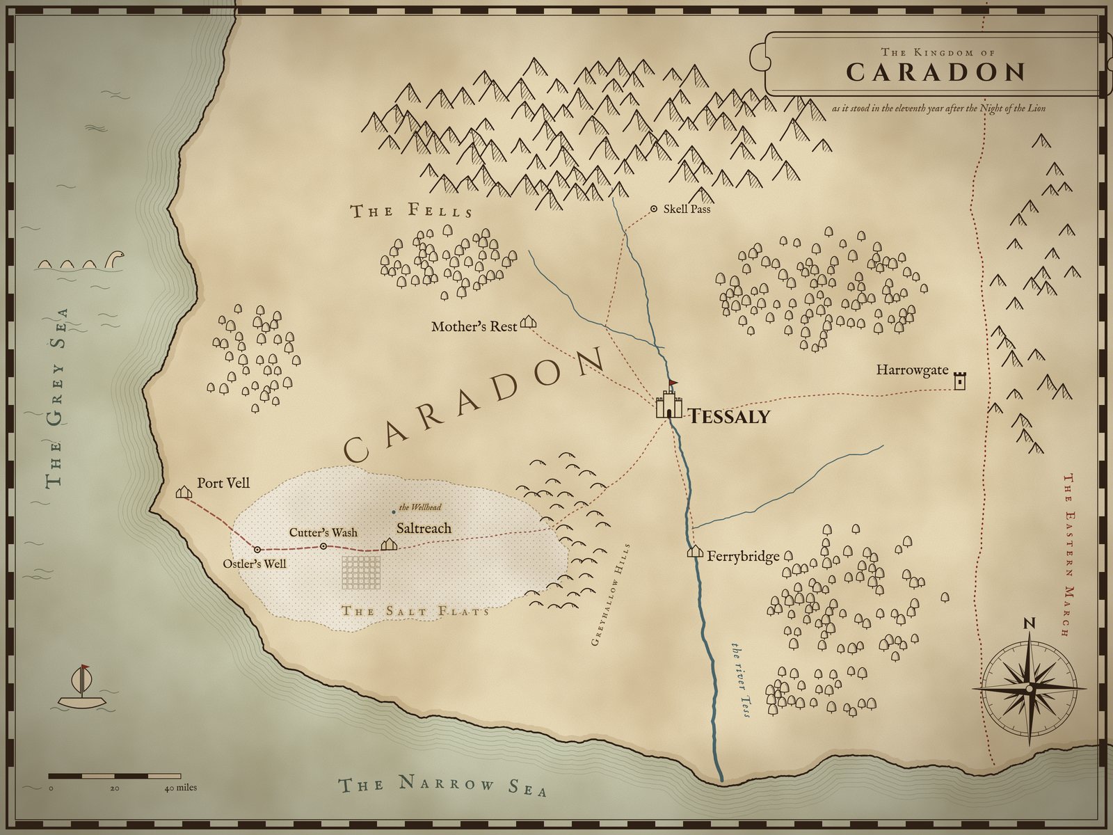 Illustrated map of the Kingdom of Caradon: the Grey Sea to the west, the Salt Flats with Saltreach, Cutter's Wash and Ostler's Well, Port Vell on the coast, the capital Tessaly on the river Tess, Ferrybridge, Mother's Rest, Skell Pass, the Fells in the north, and Harrowgate on the Eastern March